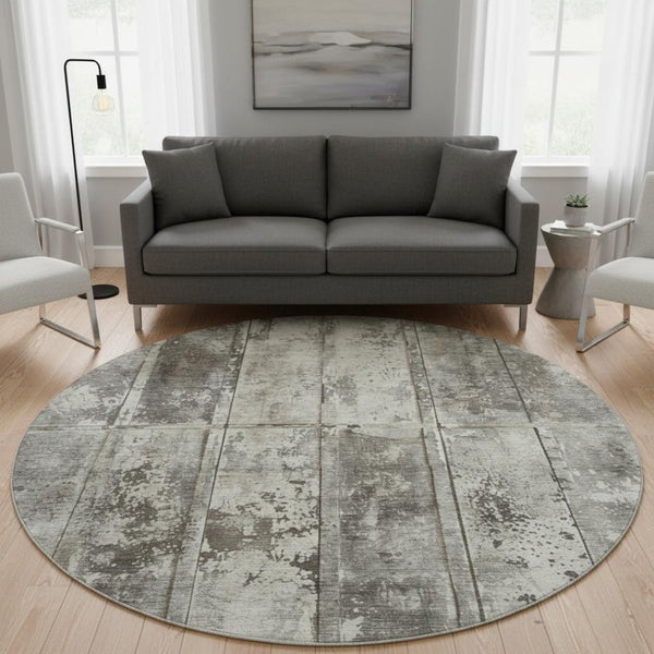 HomeRoots 8' Stylish Taupe Beige and Gray Striped Washable Round Rug with UV Protection for All Spaces 698032