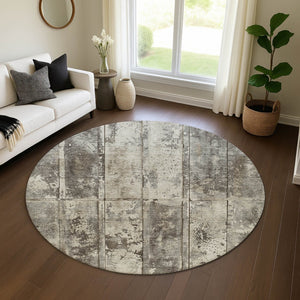 HomeRoots 8' Stylish Taupe Beige and Gray Striped Washable Round Rug with UV Protection for All Spaces 698032