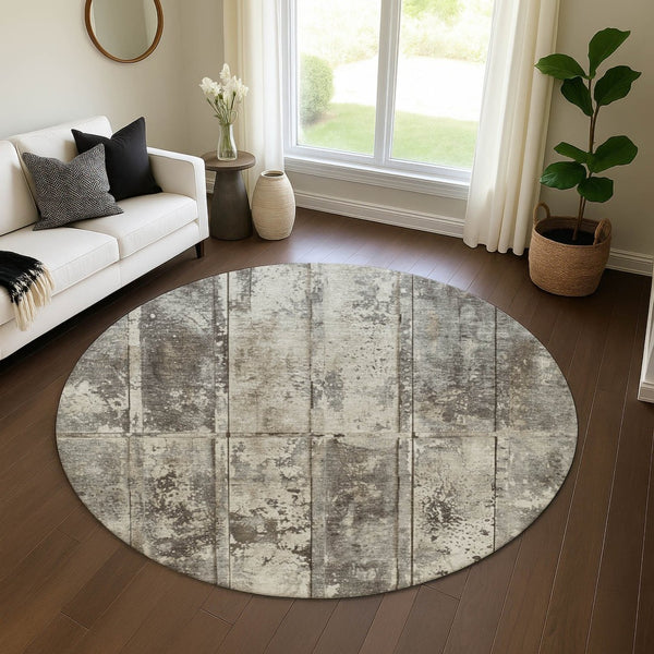 HomeRoots 8' Stylish Taupe Beige and Gray Striped Washable Round Rug with UV Protection for All Spaces 698032