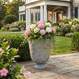English Elm Polyresin Outdoor Garden Urn with Roman Column Base Antique European Terrace Planter N772P450054G
