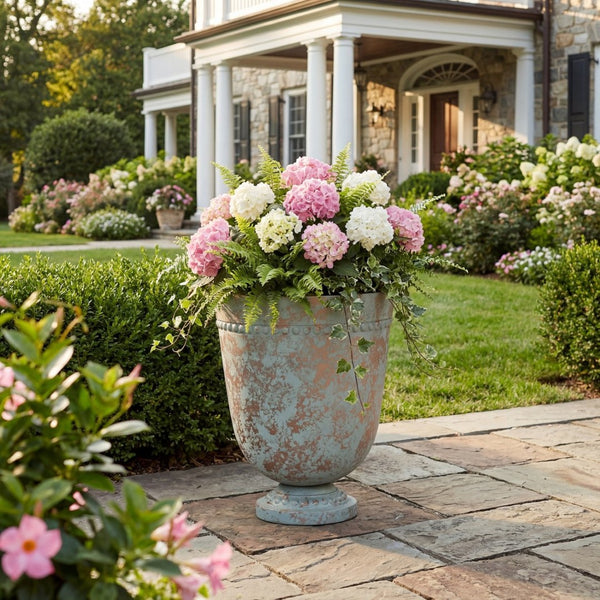 English Elm Polyresin Outdoor Garden Urn with Roman Column Base Antique European Terrace Planter N772P450054G