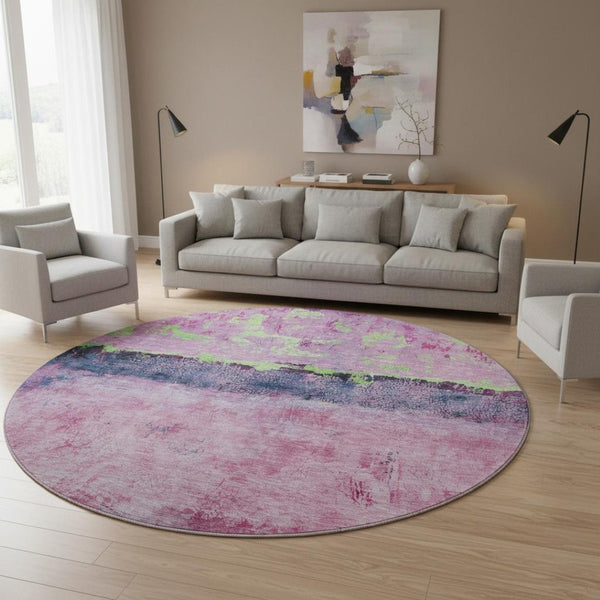 HomeRoots 8' Washable Round Rug in Blush, Mint Green & Charcoal - UV Protected, Durable & Stylish Design 698038