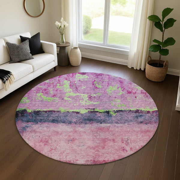 HomeRoots 8' Washable Round Rug in Blush, Mint Green & Charcoal - UV Protected, Durable & Stylish Design 698038