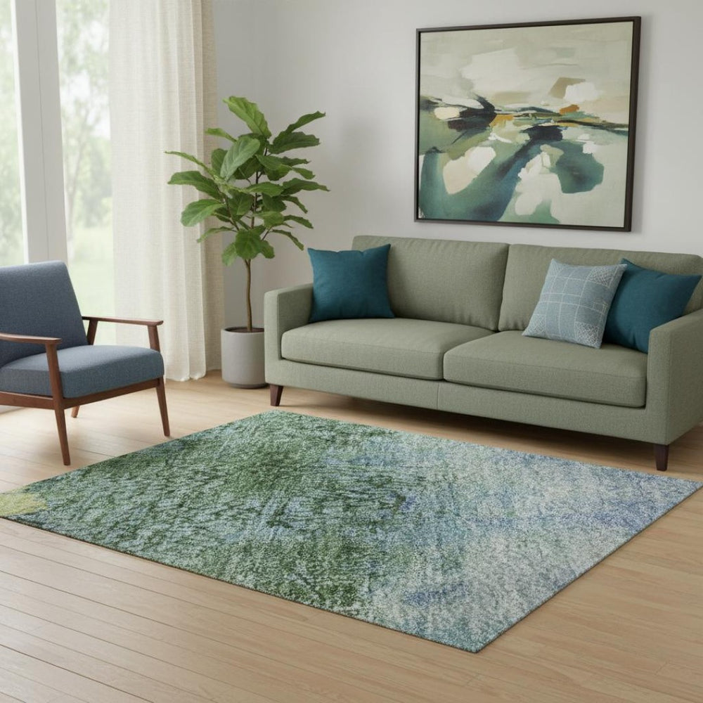 HomeRoots 5' X 8' Blue, Gold & Ivory Abstract Washable Area Rug - UV Protected, Stain Resistant & Durable Design 698043
