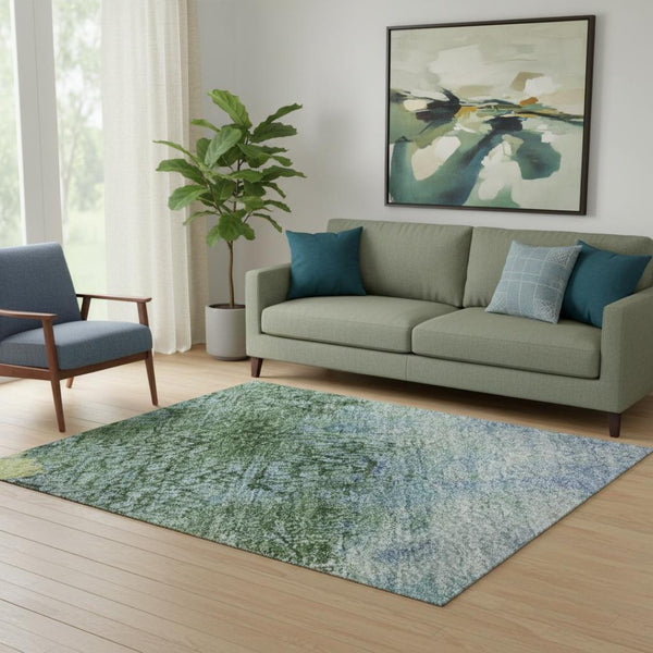 HomeRoots 5' X 8' Blue, Gold & Ivory Abstract Washable Area Rug - UV Protected, Stain Resistant & Durable Design 698043