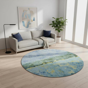 HomeRoots 8' Washable Round Rug in Blue, Gold & Ivory - Modern Abstract Design with UV Protection & Non-Slip Backing 698044