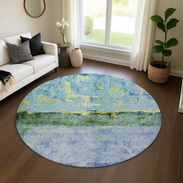 HomeRoots 8' Washable Round Rug in Blue, Gold & Ivory - Modern Abstract Design with UV Protection & Non-Slip Backing 698044
