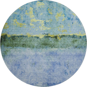 HomeRoots 8' Washable Round Rug in Blue, Gold & Ivory - Modern Abstract Design with UV Protection & Non-Slip Backing 698044