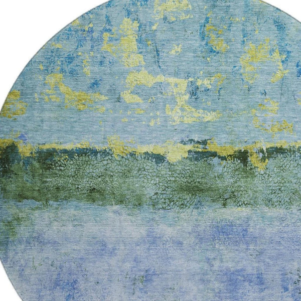 HomeRoots 8' Washable Round Rug in Blue, Gold & Ivory - Modern Abstract Design with UV Protection & Non-Slip Backing 698044