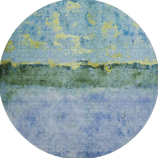 HomeRoots 8' Washable Round Rug in Blue, Gold & Ivory - Modern Abstract Design with UV Protection & Non-Slip Backing 698044