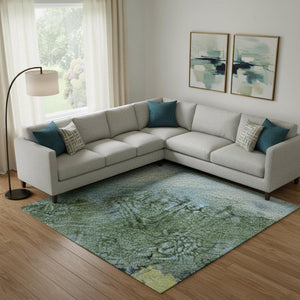 HomeRoots 9' X 12' Abstract Area Rug in Blue Gold Ivory - Washable, Stain Resistant, UV Protected for Style & Durability 698046