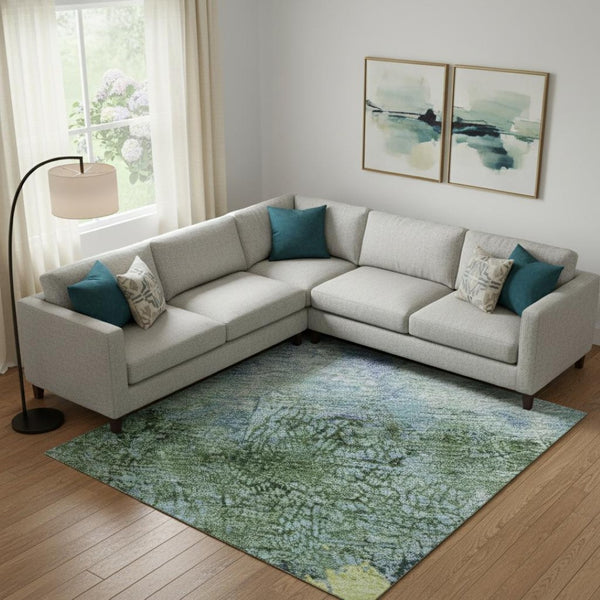 HomeRoots 10' X 14' Blue Gold Ivory Abstract Area Rug - Durable, Washable, UV-Protected for Modern Spaces! 698047