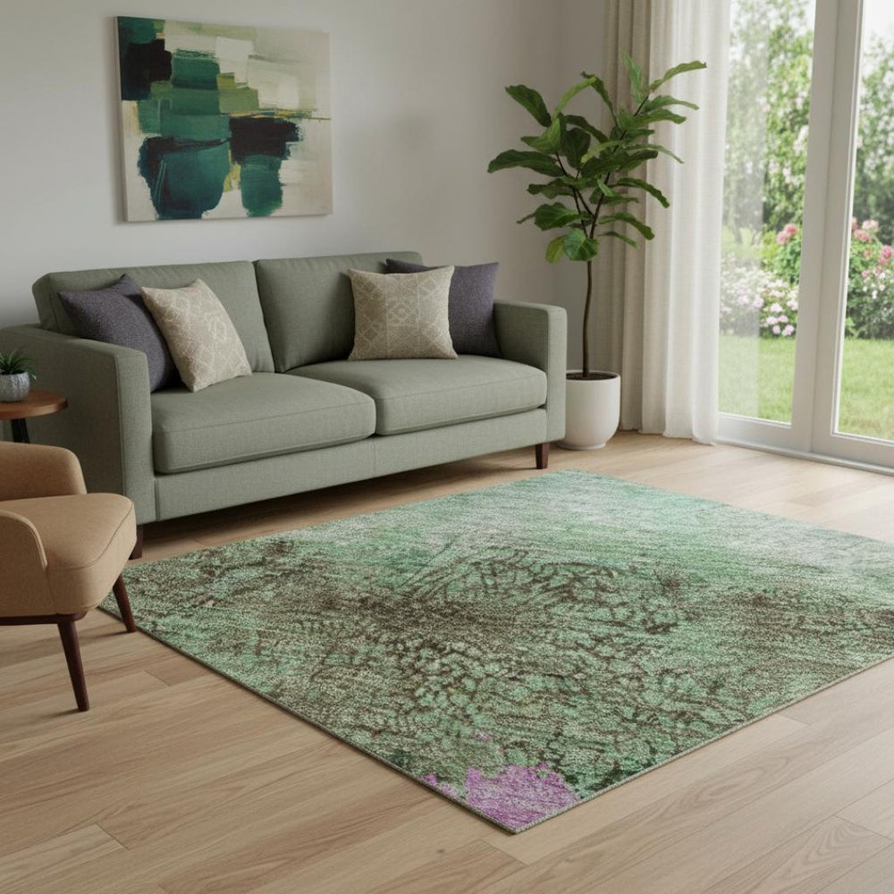 HomeRoots 5' X 8' Vibrant Green Teal & Pink Abstract Washable Area Rug with UV Protection & Non-Slip Backing 698049