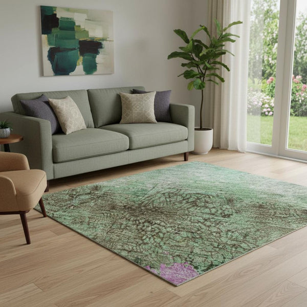 HomeRoots 5' X 8' Vibrant Green Teal & Pink Abstract Washable Area Rug with UV Protection & Non-Slip Backing 698049