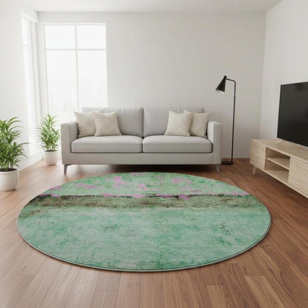 HomeRoots 8' Vibrant Abstract Round Rug in Green, Teal, and Pink – Washable, UV-Protected for Modern Spaces 698050