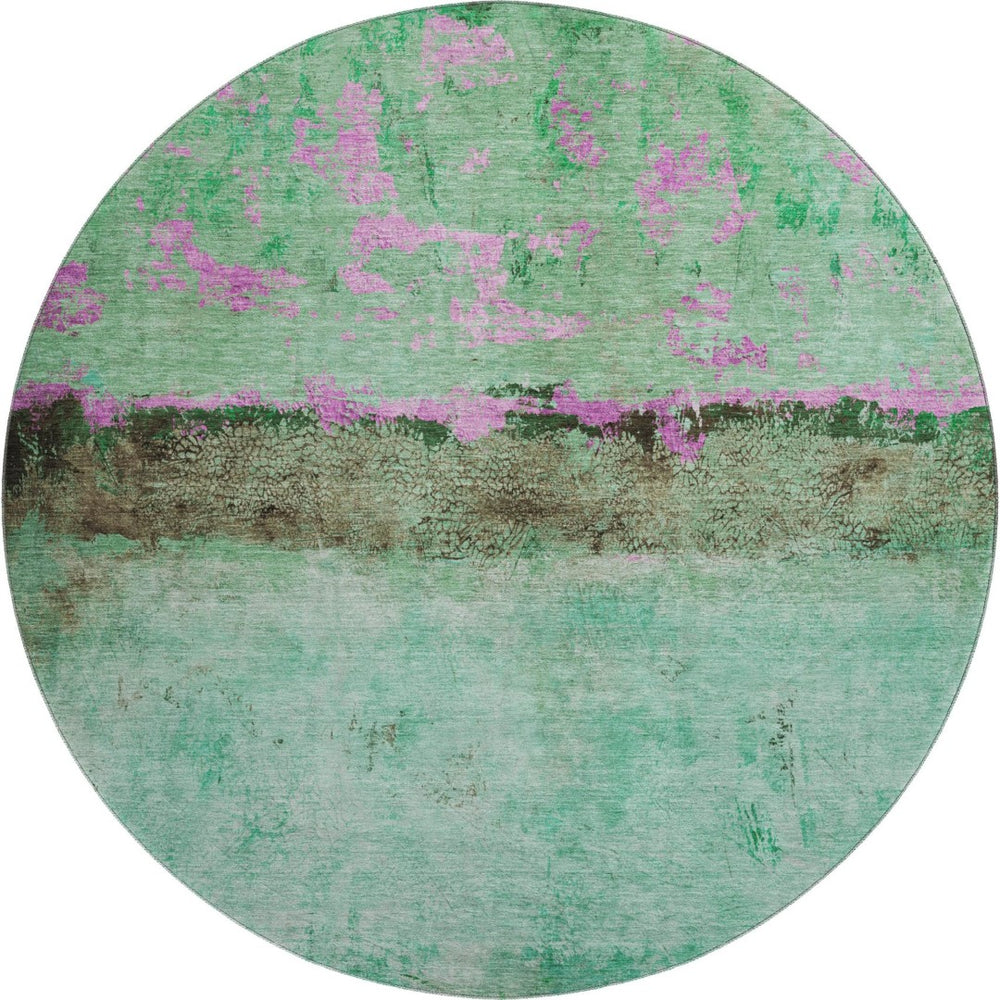 HomeRoots 8' Vibrant Abstract Round Rug in Green, Teal, and Pink – Washable, UV-Protected for Modern Spaces 698050