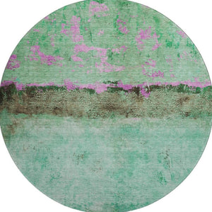 HomeRoots 8' Vibrant Abstract Round Rug in Green, Teal, and Pink – Washable, UV-Protected for Modern Spaces 698050