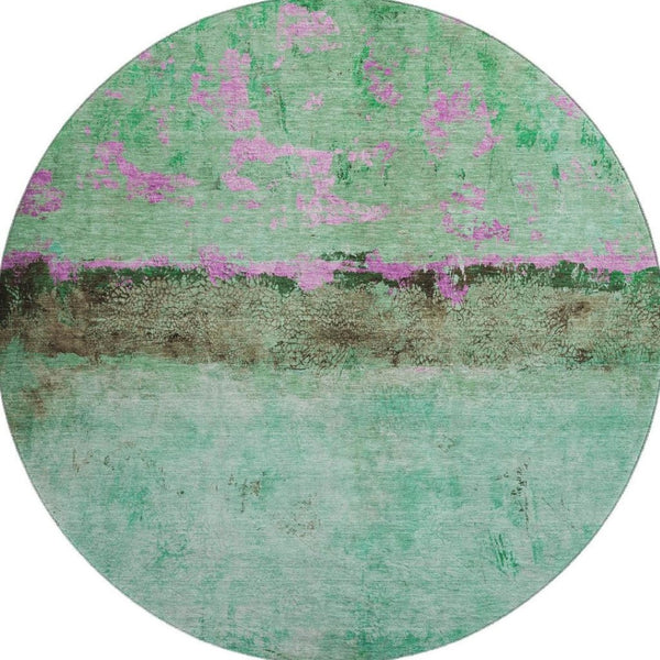 HomeRoots 8' Vibrant Abstract Round Rug in Green, Teal, and Pink – Washable, UV-Protected for Modern Spaces 698050