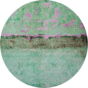 HomeRoots 8' Vibrant Abstract Round Rug in Green, Teal, and Pink – Washable, UV-Protected for Modern Spaces 698050