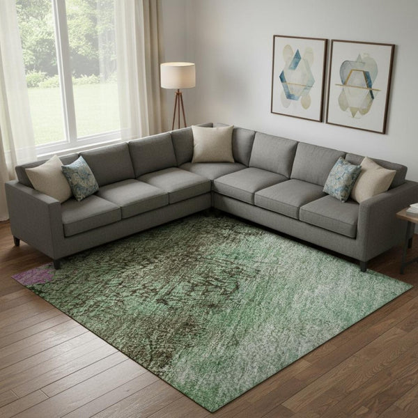 HomeRoots 10' X 14' Abstract Washable Area Rug in Green, Teal & Pink - Durable, Stain Resistant, UV Protected! 698053