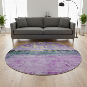 HomeRoots 8' Vibrant Plum Gold Emerald Abstract Round Rug - Washable, UV Protected, Non-Slip for All Spaces 698056