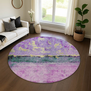 HomeRoots 8' Vibrant Plum Gold Emerald Abstract Round Rug - Washable, UV Protected, Non-Slip for All Spaces 698056
