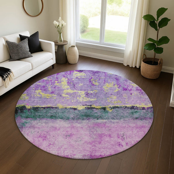 HomeRoots 8' Vibrant Plum Gold Emerald Abstract Round Rug - Washable, UV Protected, Non-Slip for All Spaces 698056