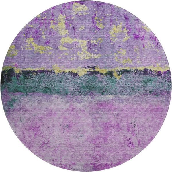 HomeRoots 8' Vibrant Plum Gold Emerald Abstract Round Rug - Washable, UV Protected, Non-Slip for All Spaces 698056