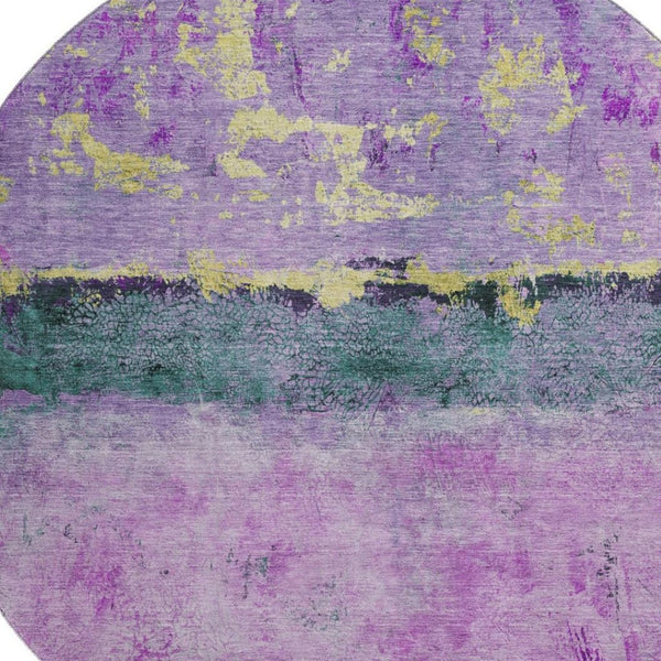 HomeRoots 8' Vibrant Plum Gold Emerald Abstract Round Rug - Washable, UV Protected, Non-Slip for All Spaces 698056
