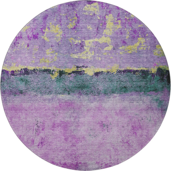 HomeRoots 8' Vibrant Plum Gold Emerald Abstract Round Rug - Washable, UV Protected, Non-Slip for All Spaces 698056