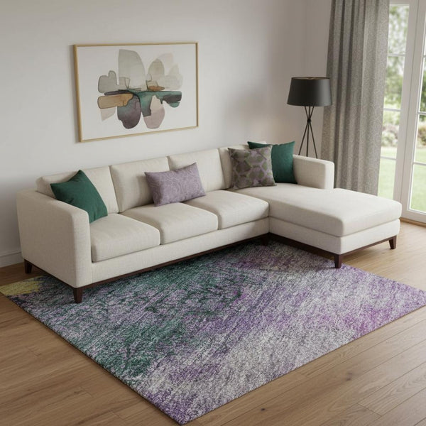 HomeRoots 9' X 12' Abstract Washable Area Rug in Plum, Gold & Emerald - Stylish UV-Protected & Durable Design 698058