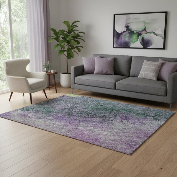 HomeRoots 5' Vibrant Purple, Lime Green & Teal Abstract Washable Area Rug with UV Protection for Homes 698061