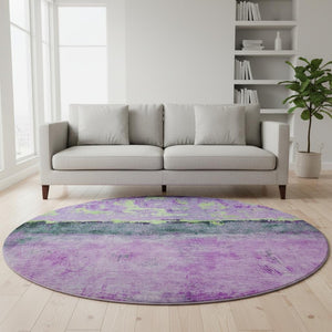 HomeRoots 8' Vibrant Purple, Lime Green & Teal Abstract Washable Round Rug with UV Protection for Homes 698062