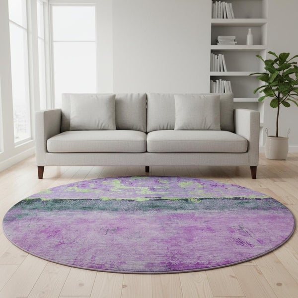 HomeRoots 8' Vibrant Purple, Lime Green & Teal Abstract Washable Round Rug with UV Protection for Homes 698062