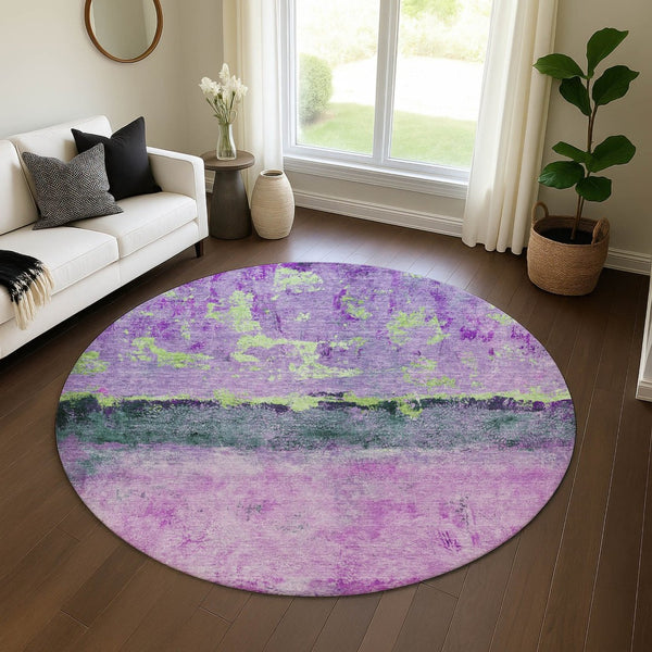 HomeRoots 8' Vibrant Purple, Lime Green & Teal Abstract Washable Round Rug with UV Protection for Homes 698062