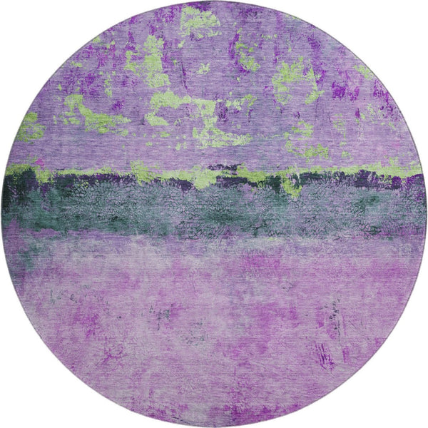 HomeRoots 8' Vibrant Purple, Lime Green & Teal Abstract Washable Round Rug with UV Protection for Homes 698062