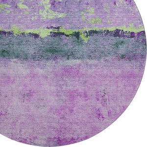 HomeRoots 8' Vibrant Purple, Lime Green & Teal Abstract Washable Round Rug with UV Protection for Homes 698062