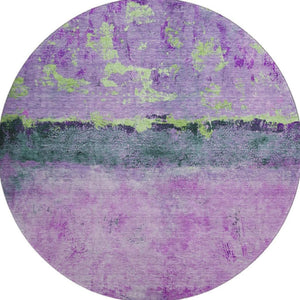 HomeRoots 8' Vibrant Purple, Lime Green & Teal Abstract Washable Round Rug with UV Protection for Homes 698062