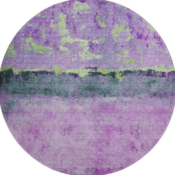 HomeRoots 8' Vibrant Purple, Lime Green & Teal Abstract Washable Round Rug with UV Protection for Homes 698062