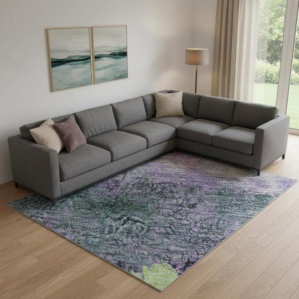HomeRoots 9' Vibrant Abstract Washable Area Rug in Purple, Lime Green & Teal with UV Protection for Durability 698064
