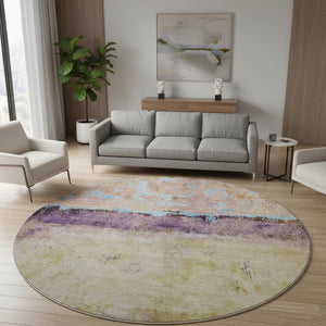 HomeRoots 8' Salmon Blue and Gold Abstract Round Rug - Washable, Stain Resistant, UV Protected for Durability! 698068