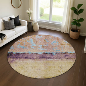 HomeRoots 8' Salmon Blue and Gold Abstract Round Rug - Washable, Stain Resistant, UV Protected for Durability! 698068