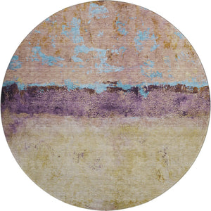 HomeRoots 8' Salmon Blue and Gold Abstract Round Rug - Washable, Stain Resistant, UV Protected for Durability! 698068