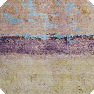 HomeRoots 8' Salmon Blue and Gold Abstract Round Rug - Washable, Stain Resistant, UV Protected for Durability! 698068