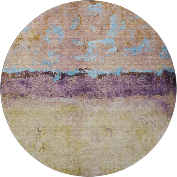 HomeRoots 8' Salmon Blue and Gold Abstract Round Rug - Washable, Stain Resistant, UV Protected for Durability! 698068