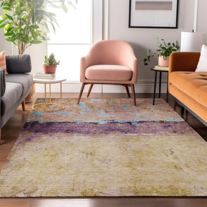 HomeRoots 8' X 10' Stylish Salmon Blue & Gold Abstract Area Rug - Washable, UV Protected, Perfect for Homes! 698069