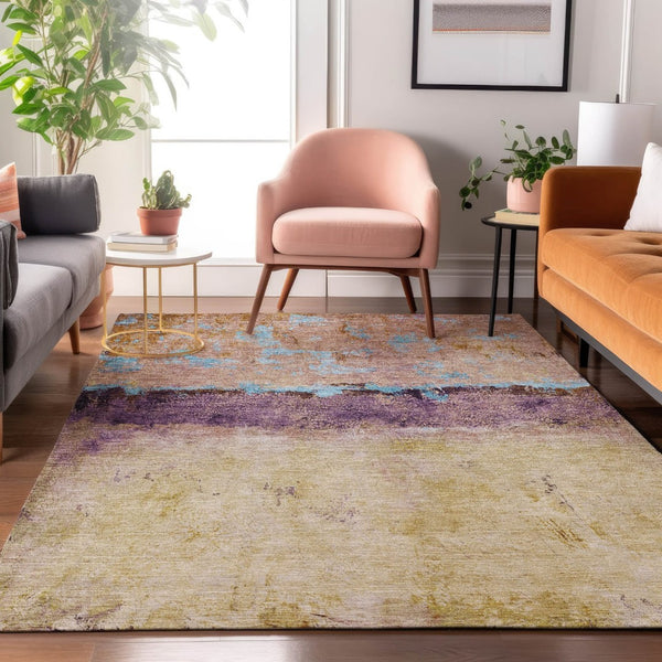 HomeRoots 10' X 14' Salmon Blue & Gold Abstract Area Rug - Washable, UV Protected, Ideal for Modern Living Spaces 698071