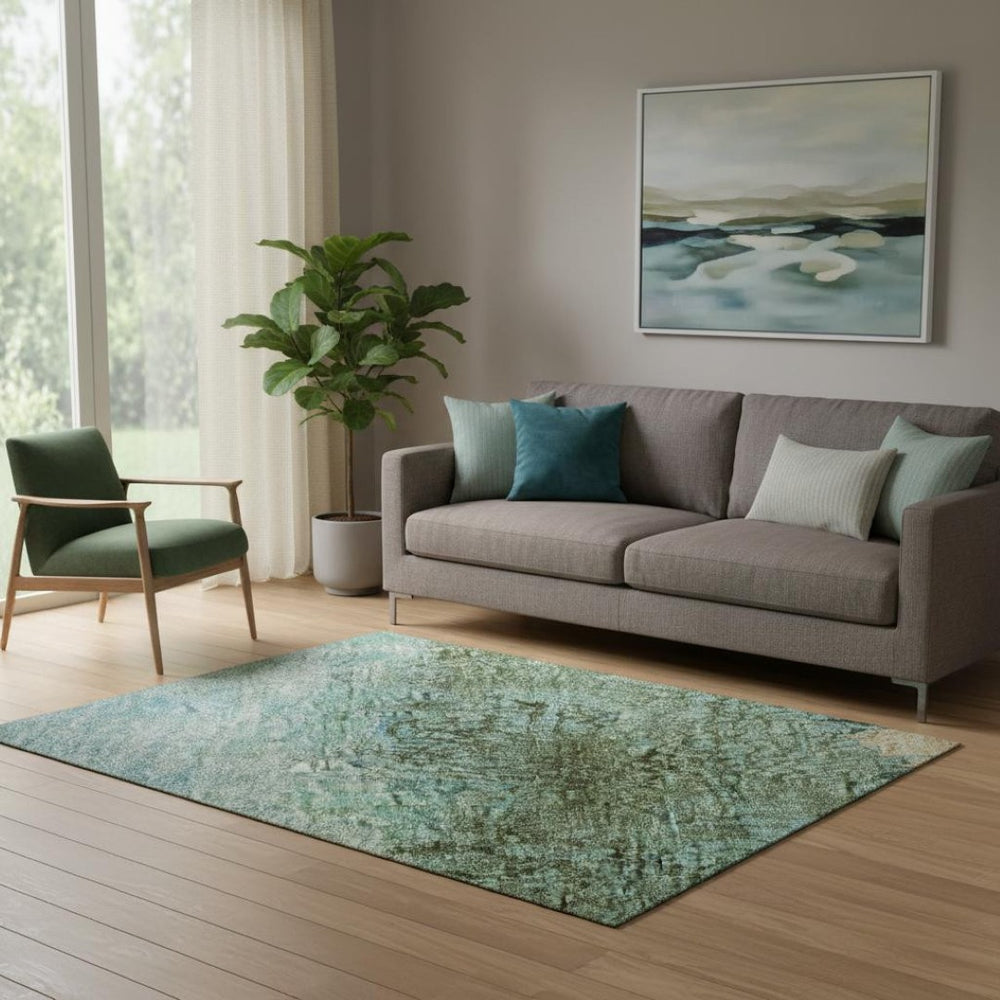 HomeRoots 5' X 8' Vibrant Teal, Gold & Olive Green Abstract Washable Area Rug with UV Protection & Non-Slip Backing 698073