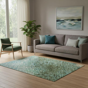 HomeRoots 5' X 8' Vibrant Teal, Gold & Olive Green Abstract Washable Area Rug with UV Protection & Non-Slip Backing 698073