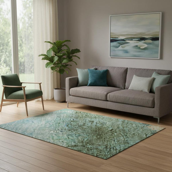 HomeRoots 5' X 8' Vibrant Teal, Gold & Olive Green Abstract Washable Area Rug with UV Protection & Non-Slip Backing 698073